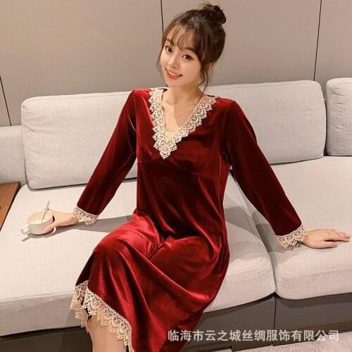 Womens Nightdress Autumn Winter Solid Color Long Sleeve Long Waisted Home Wear Lace Sexy Large Can Be Worn Out Sleep Tops