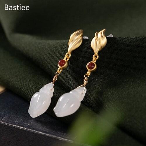 Bastiee Korean Earrings Earrings Silver 925 Jewelry For Women Jade Golden Plated Long Earrings Vintage