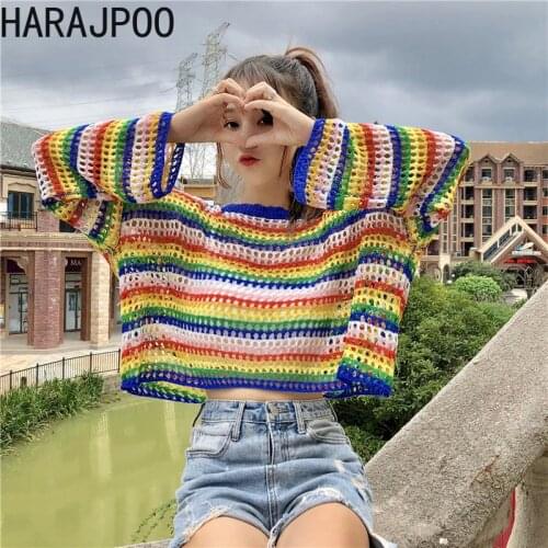 Harajpoo Women Pullovers Rainbow Striped Hollow Knit Sweater Autumn New 2021 Loose Outer Thin Long Sleeve Sunscreen Casual Tops