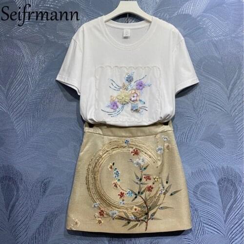 Seifrmann New 2021 Summer Women Fashion Runway Skirts Set Short Sleeve Appliques Loose T-shirts + High Waist Crystal Skirts Suit