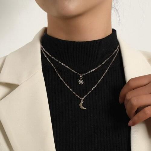 Simple Elegant Shiny Star Moon Pendant Necklaces for Women Trending Double Layers Colar Sweater Chains Necklace Jewelry Gift