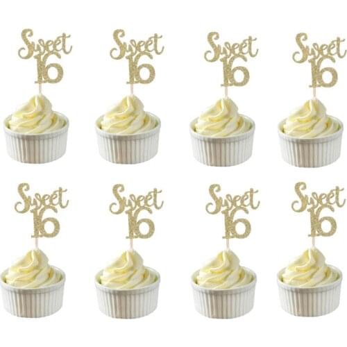 10pcs Cake Decorations Gold Cake Topper Sweet 16 Cake Toppers for 16th Birthday Party Cupcake Toppers Anniversary Party Supplies