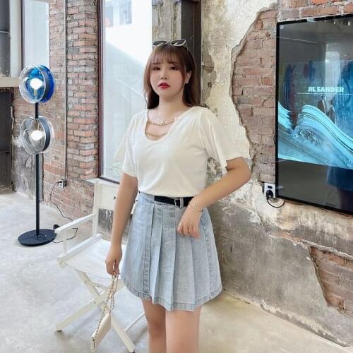 2021 Plus Size Womens New Style Korean Round Neck Solid Color Hollow Chain Thread Solid Color Short-sleeved T-shirt