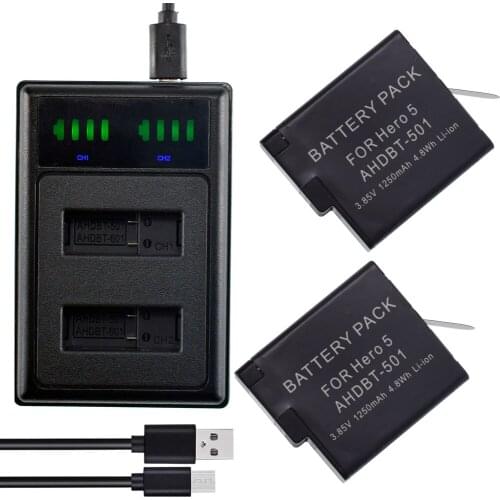 2X AHDBT-501 Li-ion 1250mAh Battery Pack + LED USB Dual Charger for GoPro Hero 5 6 7 HD Black Silver Action Camera With Type C