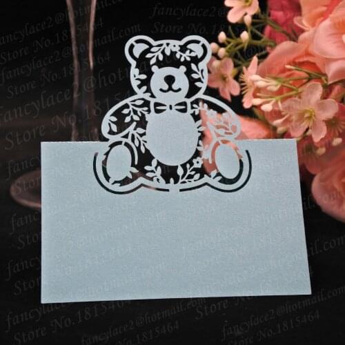 50pcs Sweet Love Bear Place Name Cards Paper Wine Glass Cup Table Invitation Card Favors Christening Baptism Party Decoration
