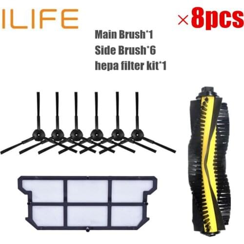 8pcs/set ilife v7 robot Vacuum Cleaner Parts kit (Main Brush*1+hepa filter kit+Side Brush*6) Chuwi ILIFE v7