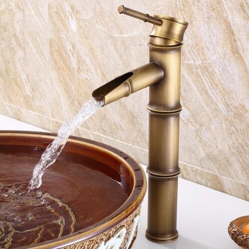Antique Brass Waterfall Bathroom Sink Faucet Luxury Tall Bamboo Cold Water Tap Retro With Two Pipes Outdoor Garden Basin Faucets