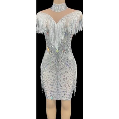 Sparkling Silver Rhinestone Fringes Mesh Dress Birthday Celebrate Transparent Party Dress Women Sexy Dancer Prom Bodycon Dress