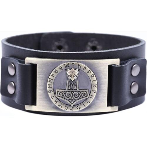 Genuine Leather Thor Hammer Viking Bracelets Bangles Holy Patron 24 Nordic Runes Amulet Button Snap Slavic Bracelet Men