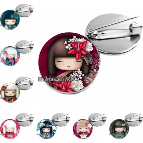 Beautiful Japanese Girl Face Brooch Pin Cute Doll Face Glass Cabochon Brooches Cartoon Painting Pins Gifts Women
