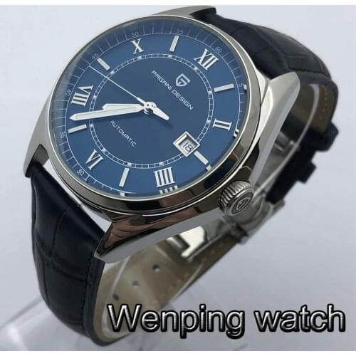 Pagani 43mm New Mens Top Casual Business Automatic Watch Silver Case Blue Dial Luminous Leather Strap Automatic Watch