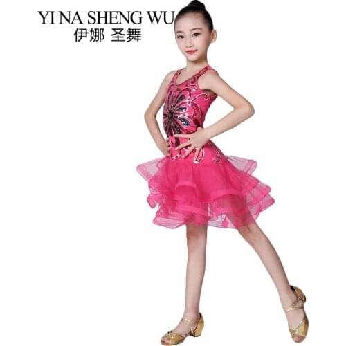 Latin Dance Skirt Sequins Children Mesh Latin Dance Stage Performance Clothing Girls Latin Tango Salsa Competition Dress Red