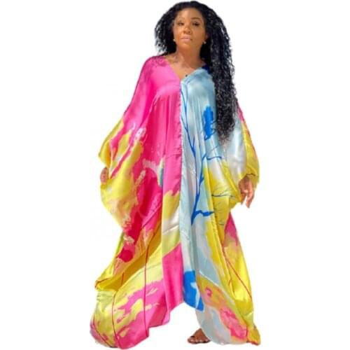 African Plus Size Dress African Clothing Dashiki Long-Sleeved V-Neck Loose Fashion Casual Womens Dress Summer New Ladies Robe