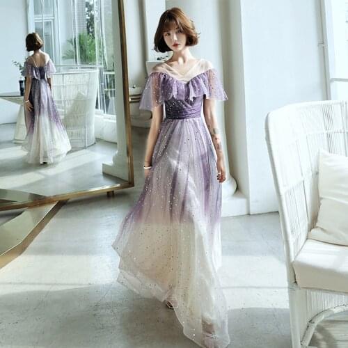 Purple Sequins Starry Sky Gradient Evening Dress Female Banquet Elegant Prom Dress Fairy Fantasy Forest Skirt Ball Gown A258