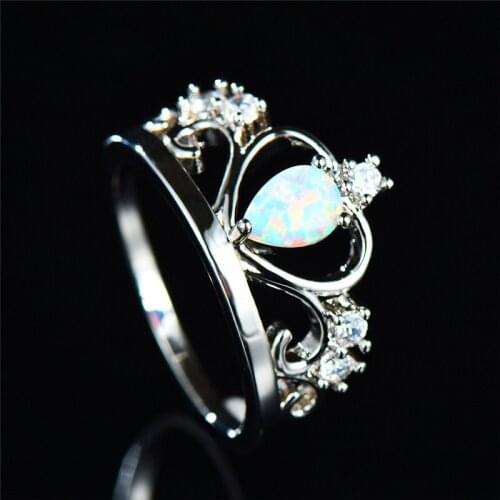 Boho Female White Fire Opal Ring Unique Silver Color Crown Ring Vintage Wedding Band Promise Engagement Rings For Women
