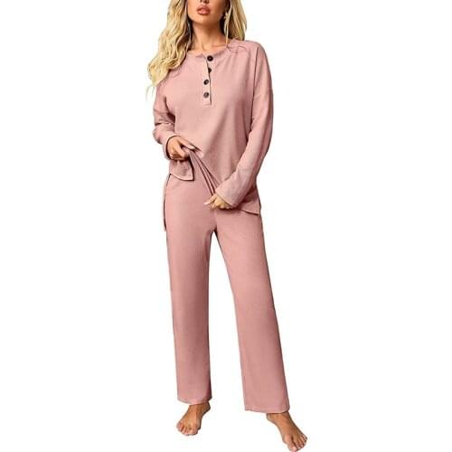 Pant Suits Women Pink Casual 2 Piece Tracksuit Pocket Elastic Waist Wide Leg Pants+Button O-Neck Long Sleeve Top Femme Clothing