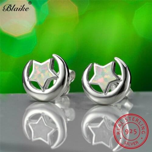 Cute Blue White Fire Opal Star Moon Earrings 925 Sterling Silver Wedding Stud Earrings For Women Double Ear Studs Fine Jewelry
