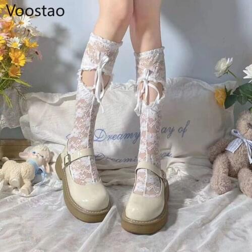 Sweet Lolita Style Lace Socks Girly Sexy Love Hearts Hollow Out Princess High Tube Socks Women Harajuku Chic Breathable JK Socks