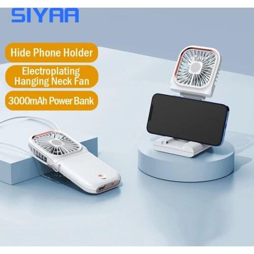 SIYAA Mini Neck Fans USB Rechargeable Fan Handheld Adjustable Desktop Fan Multi-function Power Bank Phone Holder Ventilador