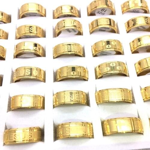 MixMax Wholesale 36pcs Mens Womens Stainless Steel Rings Jesus Cross Etched Religious Band Jewelry Mix Styles Gold Silver Plated