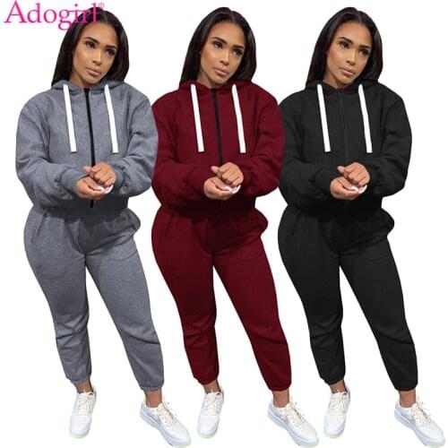 Adogirl Solid Two Piece Set Women Suit Zipper Hooded Sweatshirts Sweat Pants Fashion Casual Sportswear Female Tracksuit