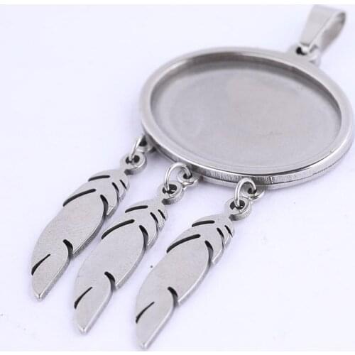 Onwear 3pcs Stainless Steel 18x25mm Oval Feather charm Cabochon Pendant Base Setting Blanks Diy Keychain Necklace Bezel Trays
