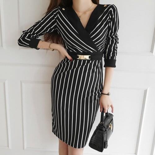 Womens Stripes Office Wear Autumn Sexy Dress Long Sleeve V-Neck Sheath Bodycon Pencil Business Vestidos