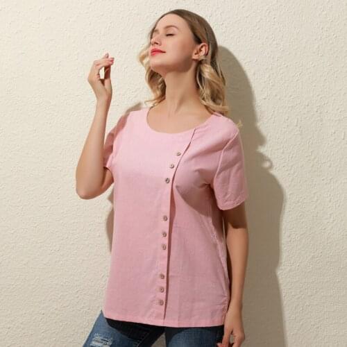 Casual Loose Short Sleeve Pullover T-shirt Summer Solid Color T-shirt For Female Cotton Linen Womens Clothing Plus Size