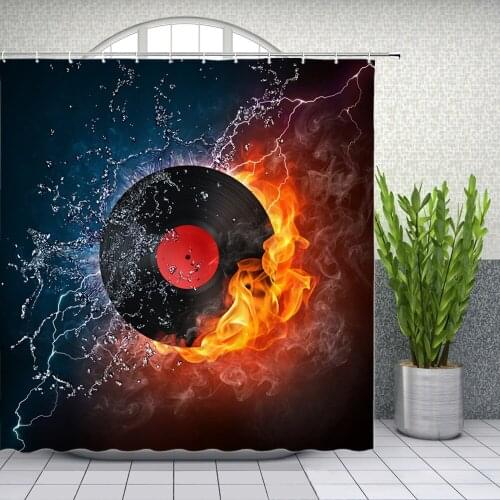 Modern Simplicity Shower Curtains CD Record Water Fire Scenery Bathroom Decor Home Bathtub Waterproof Polyester Curtain Set