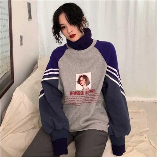 Hoodies Women Turtleneck Thicker Plus Velvet Warm Harajuku Printed Pullovers Womens Oversize Patchwork Leisure Chic Sweatshirts