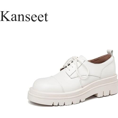 Kanseet Lace-Up Shoes Women Genuine Leather High Heels Pumps Round Toe Loafers Spring Autumn Casual Basic Shoes Large Size 43