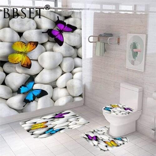 Butterfly on Stone Waterproof Print Shower Curtain 4 Piece Toilet Lid Cover Anti-slip Soft Rugs Bath Mat Bathroom Set Home Decor