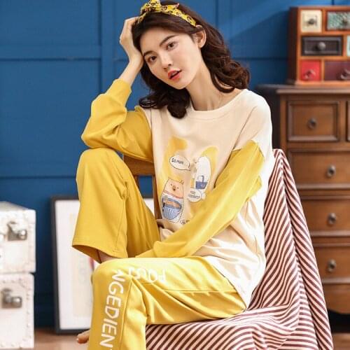 Women cotton ladies long sleeve trousers Korean spring and autumn students large size two piece women pajama sets womens pajamas