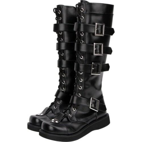 OLOMLB Womens Leather Buckle Strap Round Toe Wedge Heels Gothic Knee High Boots Riding Punk Motorcycle Cosplay Shoes Luxury