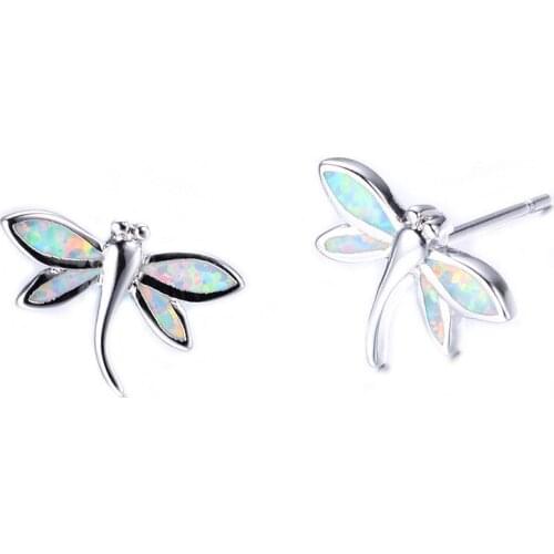 Female Cute Small Dragonfly Earrings White Blue Opal Stud Earrings Dainty Silver Color Wedding Earrings For Women Animal Jewelry
