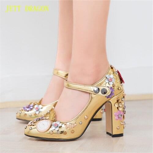 JETT DRAGON Spring Summer Rhinestone Shoes Women Flower Jewelled Diamond Rivets Pompoms High Heels Pumps Metal Wedding Shoes 42