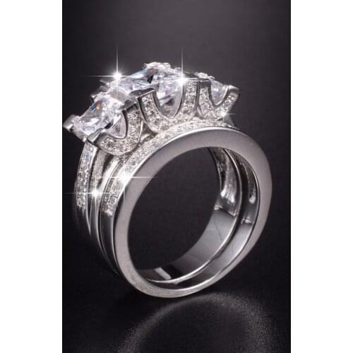 Size 5,6,7,8,9,10 Ladys 925 Sterling Silver Square Simulated Diamond Paved Three stone Wedding Band Ring Sets Jewelry for Women