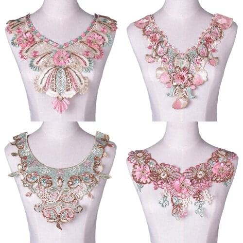 1Pc Pink Green Flower Embroidery Lace Fabric Trim DIY Sewing Bridal Applique Neckline Collar Craft Guipure Dress Wedding Decor
