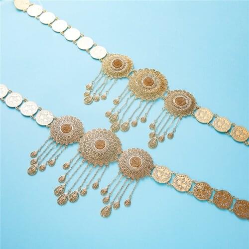 2021 JAN Middle East style Belt with Pendant metal Sunflower chain waistband long adjustable length wedding caftan dress belt