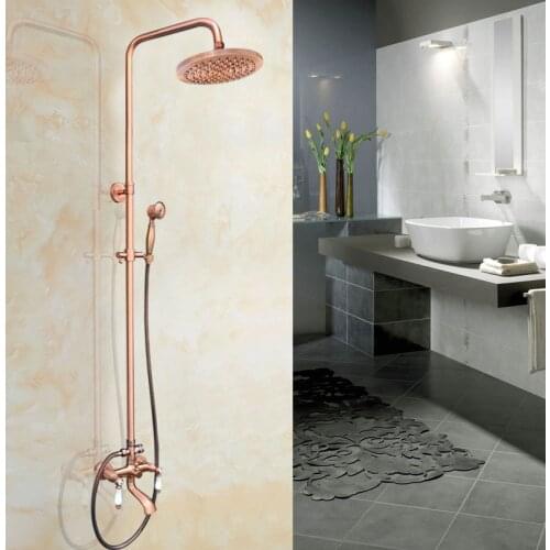 Antique Red Copper Brass Dual Ceramic Handles Bathroom 8 Inch Round Rain Shower Faucet Set Tub Mixer Tap Hand Shower mrg573