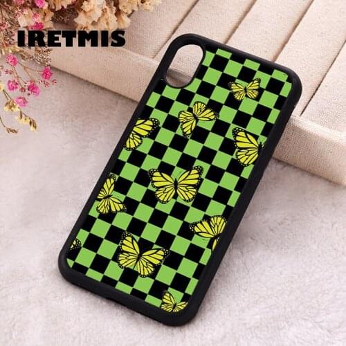 Iretmis 5 5S SE 2020 Phone Cover Case for iPhone 6 6S 7 8 Plus X Xs XR 11 12 Mini Pro Max Silicone TPU Checkered butterfly Green