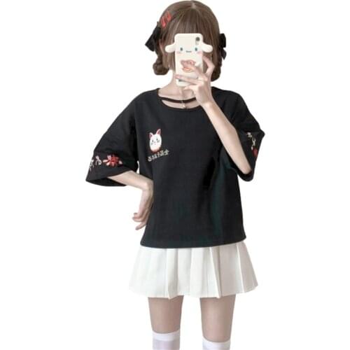 Harajuku Fashion Cat Anime T Shirts Women Kawaii Tops Streetwear Gothic Casual Cute Graphic Black Tees Teen Girls Vintage Tshirt