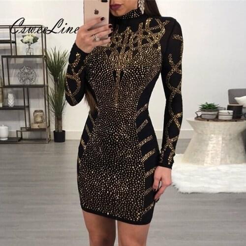 Geometric rhinestones black bodycon dress women sexy long sleeve crystal party dresses night club outfit pattrens women dresses