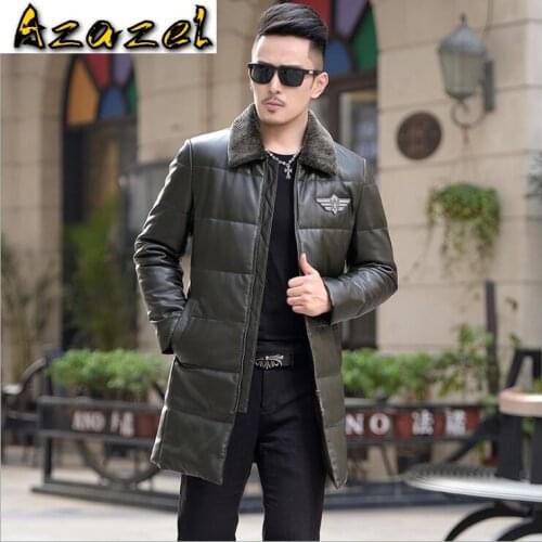 Hot New Winter Fashion Lamb fur collar lapel Coat Mens down leather jacket men Korean Long leather clothes Slim Male windbreake