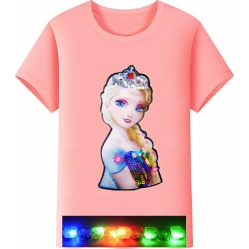 Disney Summer Cartoon Print Color Sequins Lights LED Frozen Princess Girl Boy Spiderman T-shirt Cotton Short Sleeve Top