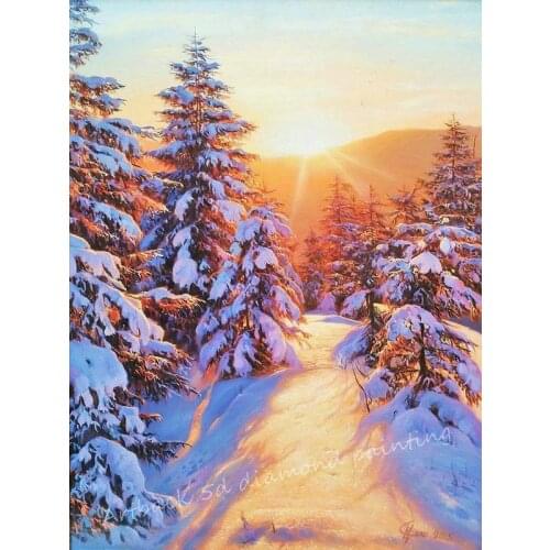 Full square drill 5d diy diamond painting snow tree winter sunset landscape 3d resin round drill rhinestone mosaic wall sticker