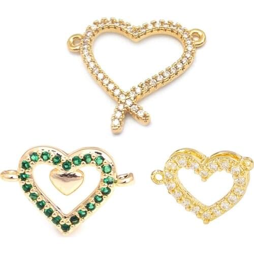 40686)6PCS 24K Champagne Gold Color Brass and Zircon 2 Holes Connect Heart Charms Pendants Jewelry Making Supplies Accessories