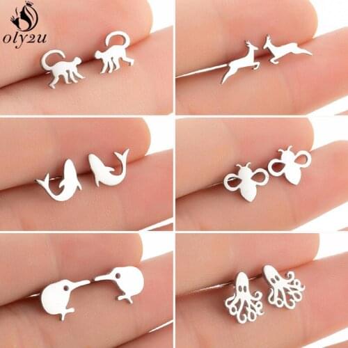 Cute Animal Earings Fashion Jewelry for Women Mini Stainless Steel Bee Shark Birds Deer Stud Earrings Kids Christmas Pendientes