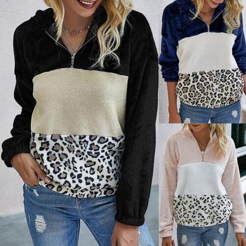 Fashion Warm Women Plush Hoodie Pullover Zip Pocket Leopard Stitching Print