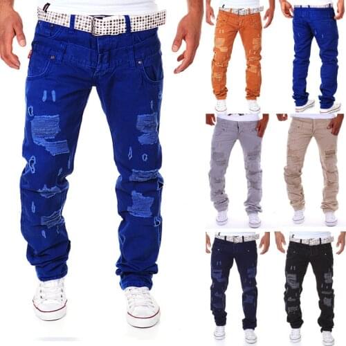 Mens Western Style Ripped Cargo Pants Slim Fit Straight Casual Streetwear New H96